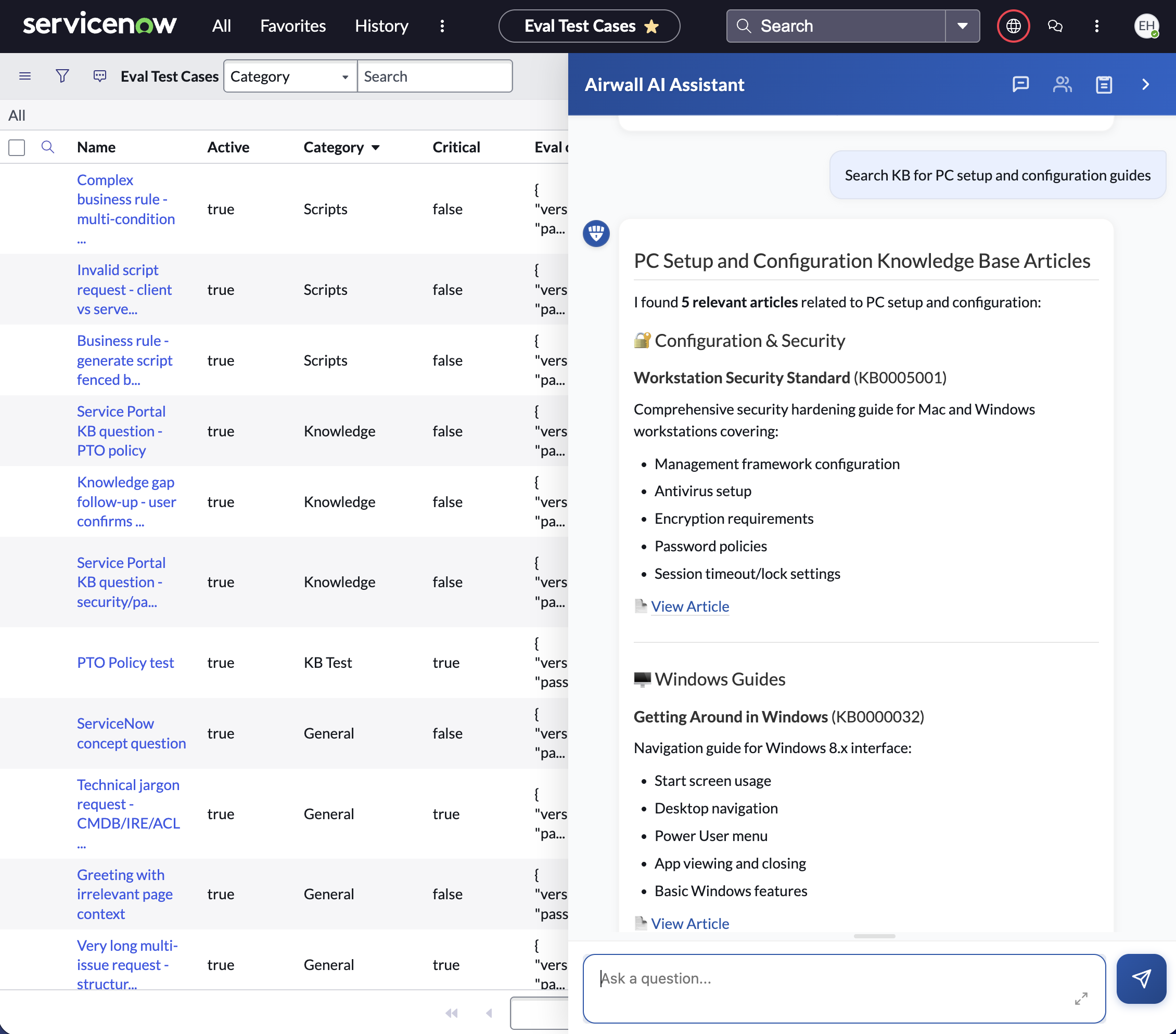 The ServiceNow Embedded Agent — the L2H AI Assistant side panel returns a structured Knowledge Base answer for a PC setup query, alongside the live ServiceNow list view.