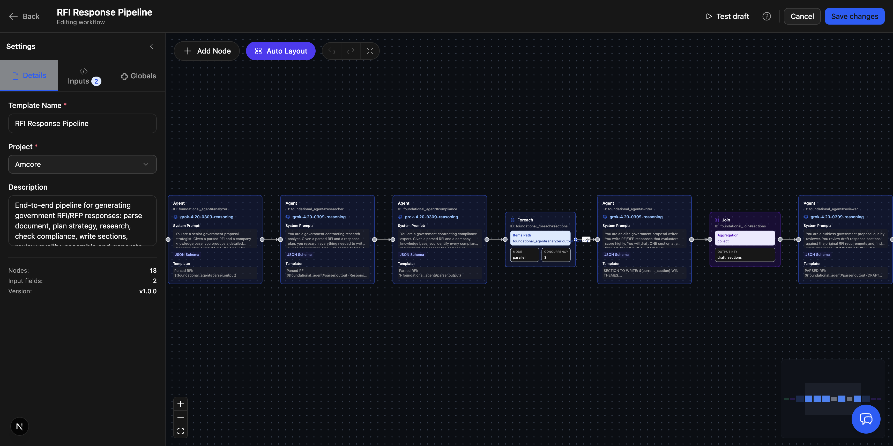 Agentic Command Center visual workflow builder showing the RFI Response Pipeline — a multi-agent workflow with Agent, Foreach, and Join nodes.